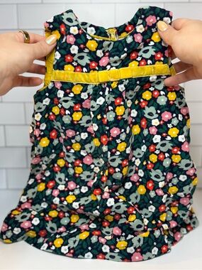 Baby Boden Dark Green Floral Corduroy Skirt with Yellow Velvet Bow
